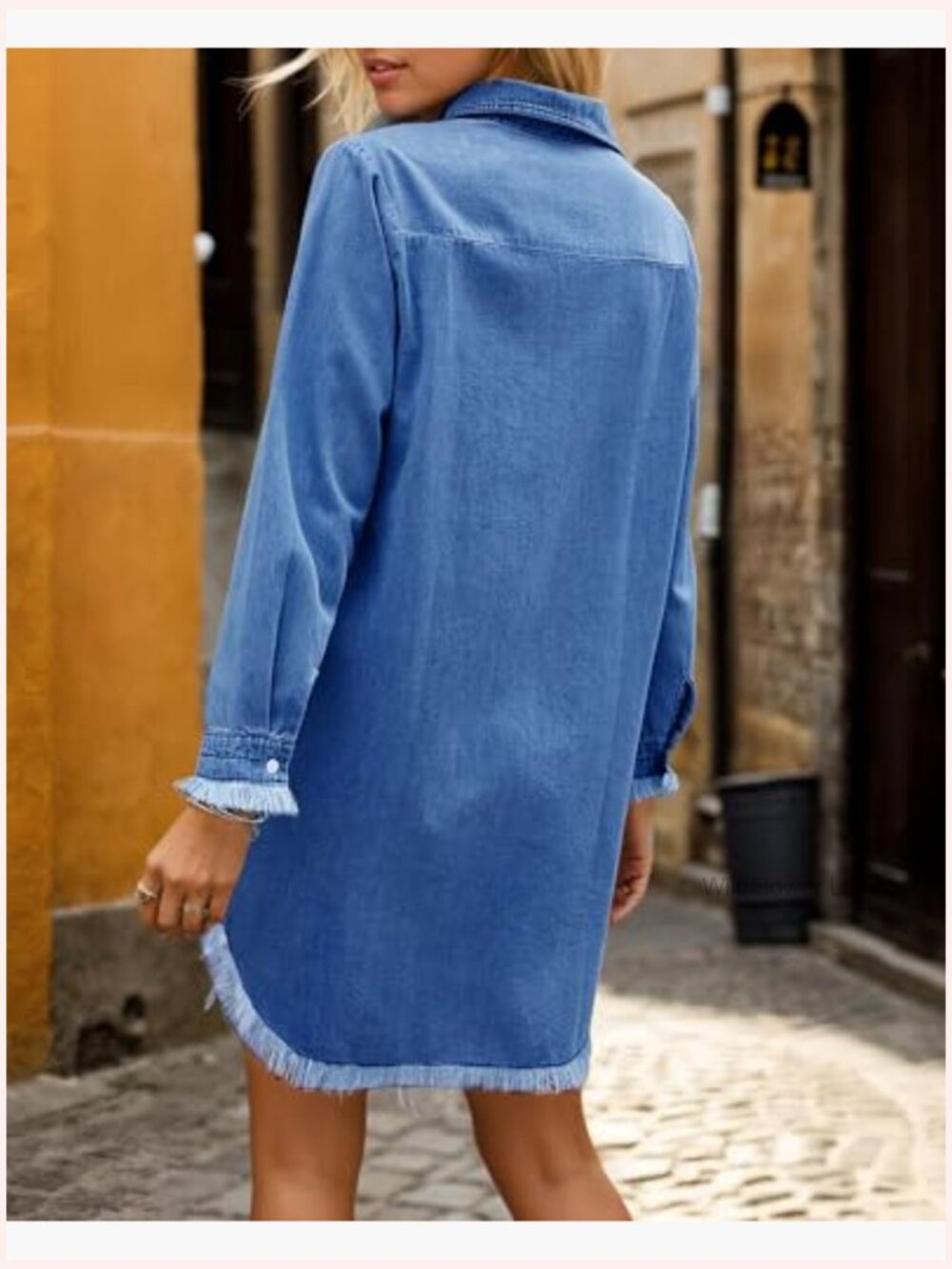 Long Sleeve Denim Shirt Dress with Pockets Button Down Tunic Top - Picture 6 of 7